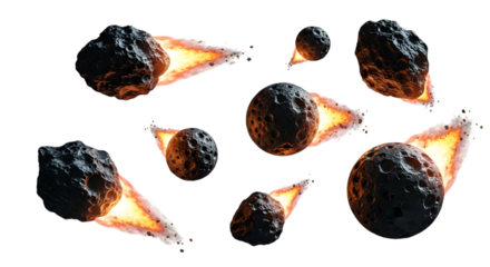 3d asteroids hurtling through the void on transparent background