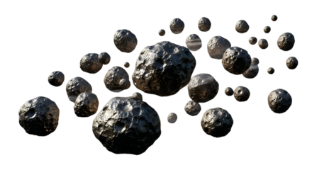 3d asteroids floating in dark space on transparent background