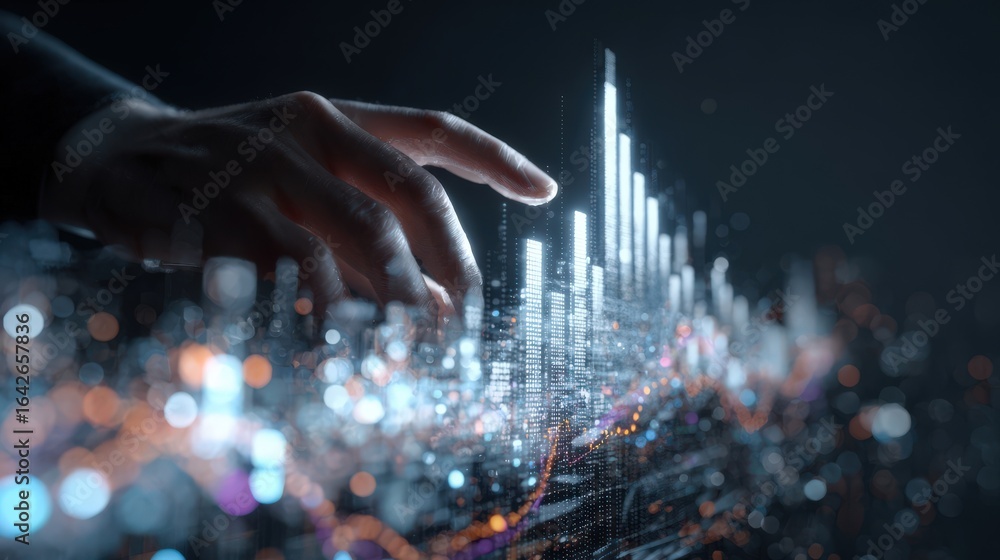 Poster hand touching futuristic data visualization digital technology concept.