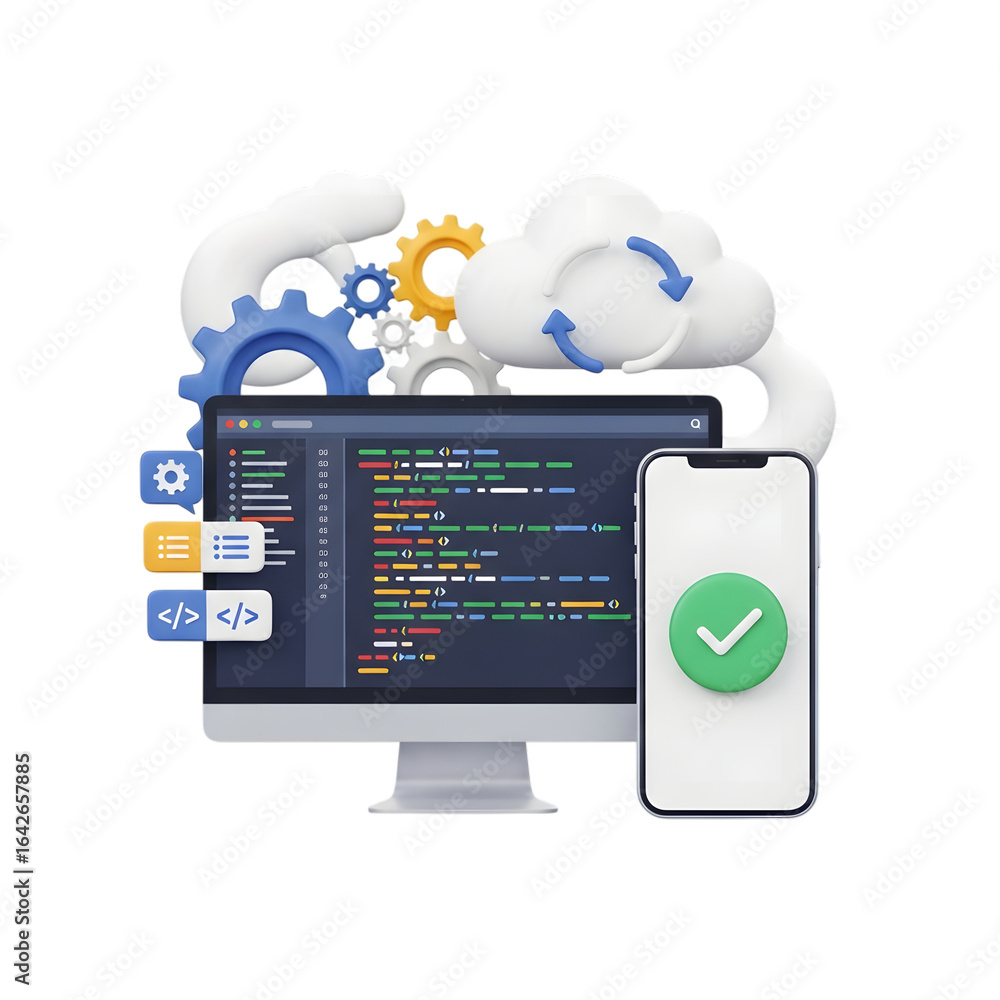 Poster 3d computer screen with phone and cloud on transparent background