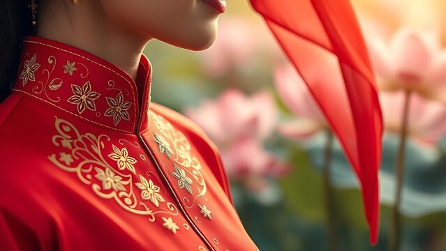 Intricate ao dai collar embroidered with golden stars, red silk flowing gracefully, blooming lotus flowers in background.