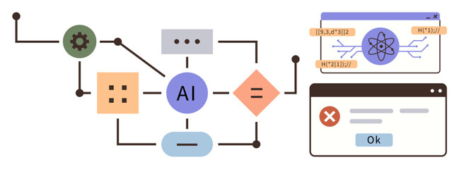 Obraz na płótnie Canvas AI workflow featuring connected gears, nodes, and decision-making processes. Ideal for technology, automation, data science, software development, machine learning, artificial intelligence simple