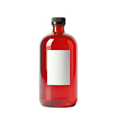 Empty red glass bottle with blank label on black background.