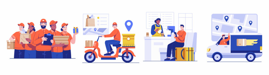 Delivery Service Concept illustration set. Collection of scenes with the Delivery Courier Team, Delivery Driver in a Van, Courier Waiting for the Order to be prepared by a female barista