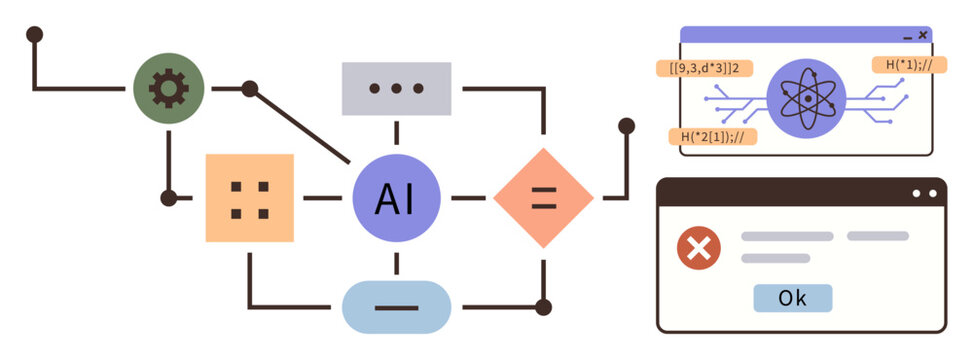 AI workflow featuring connected gears, nodes, and decision-making processes. Ideal for technology, automation, data science, software development, machine learning, artificial intelligence simple