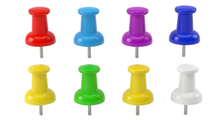 3d eight colorful push pins isolated on transparent background