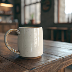 Fototapeta premium Elegant ceramic mug on rustic wooden table in cozy cafe interior