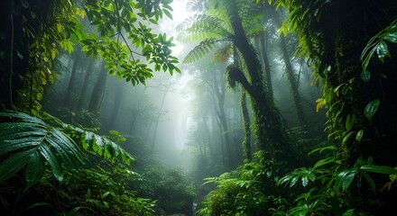 Misty jungle path with sunbeams filtering through dense green tropical rainforest foliage and ancient ferns.