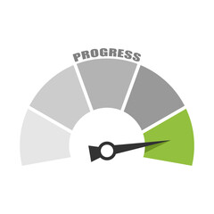 Speedometer, gauge meter icon. Scale, level of performance and progress. Speed dial indicator. Low and high dashboard with arrow. Infographic of risk, gauge, score progress. Treatment and research