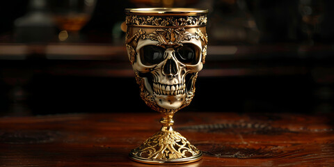 Obraz premium Gold Skull Goblet with Intricate Designs Set Against Dark Background – Luxurious Gothic Elegance