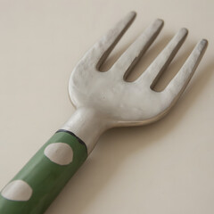 Decorative fork with green handle and silver tines on neutral background