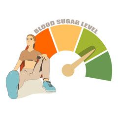 Blood sugar level on measure scale. Instrument scale with arrow. Colorful infographic gauge element. Young woman sitting near meter scale