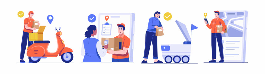 Delivery Service Concept illustration set. Collection of scenes with Delivery Courier Delivering Package to Customer, Woman Receives Food Order From Delivery Robot
