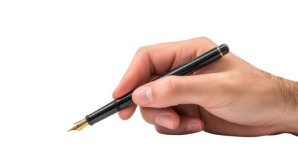 Hand Holding Fountain Pen, Writing Instrument for Signature, Authoring on transparent background