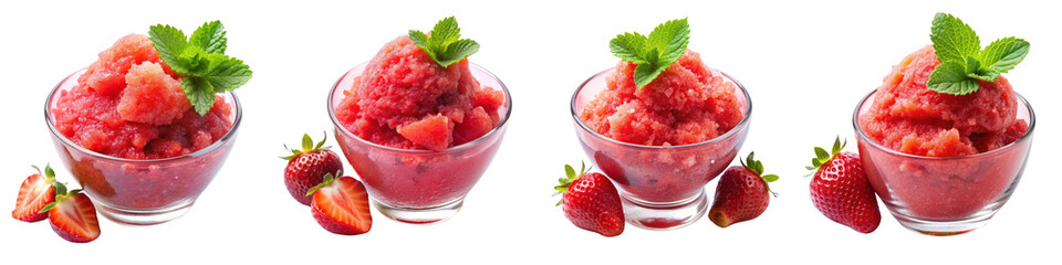 Strawberry Granita Set Four Glasses, Isolated on Transparent Background, Refreshing Dessert, Summer Drink, Strawberry, Granita, Frozen Dessert