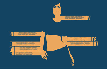 Standing woman. Sport fashion girl in urban casual style. Five features or option of project to select. Infographic illustration for business and healthy lifestyle information visualization.