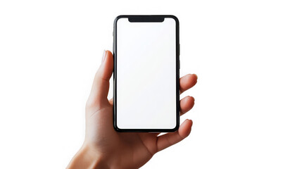 Mobile phone held in hand, blank screen for app promotion on transparent background
