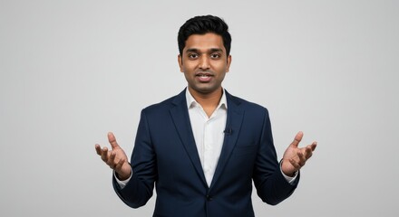 Confident Businessman Gesturing with Hands Studio Portrait Presentation.