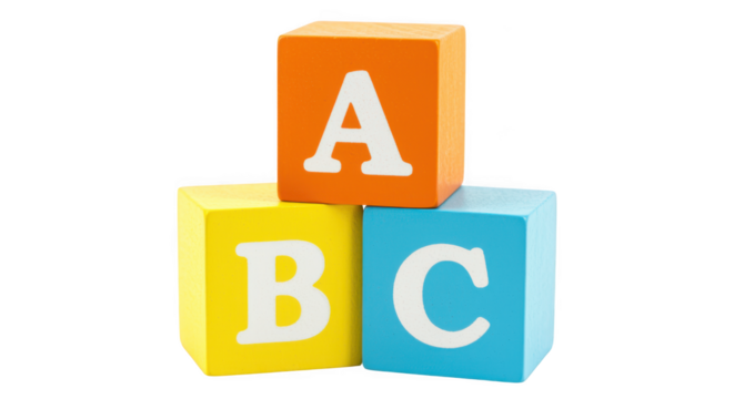 Three colorful alphabet blocks stacked together isolated on transparent background