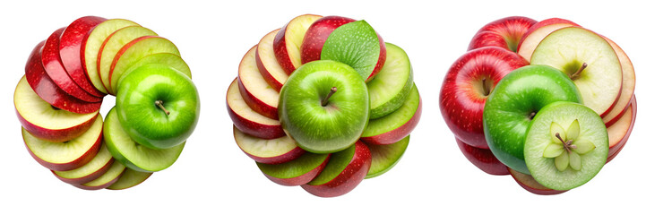 Three Apples Composition Red and Green Apple Slices Spiral Design, Isolated on Transparent Background, Fruit, Apple, Food