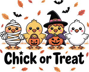 Chick or Treat – Cute Halloween Chicks in Costumes with Pumpkins Vector Illustration