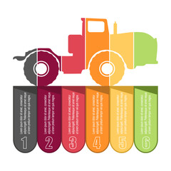 Agricultural machinery. Vehicle for field farm work. Industrial tractor transport icon with six features or option of project to select. Infographic for business information visualization.