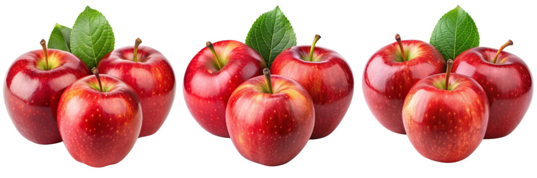 Three Clusters of Red Apples with Leaves, Isolated on Transparent Background, Fruit Composition, Still Life Photography, Apple, Red Apple, Fruit
