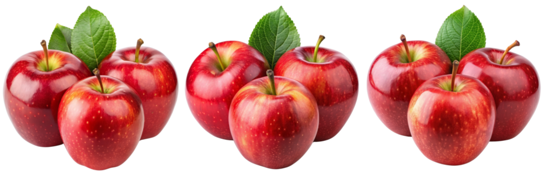 Three Clusters of Red Apples with Leaves, Isolated on Transparent Background, Fruit Composition, Still Life Photography, Apple, Red Apple, Fruit
