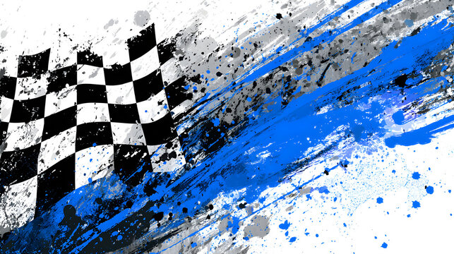 Abstract racing background with black and white checkered flag, blue streaks, and paint splatter effects.