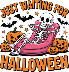 Just Waiting for Halloween – Funny Skeleton in Pink Pool Float with Pumpkins and Bats Vector Illustration