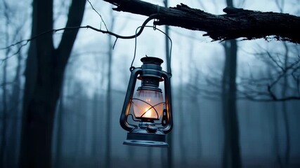 A vintage lantern hangs from a branch in a misty forest - Powered by Adobe