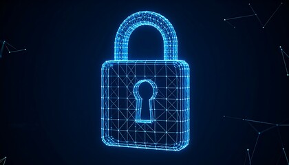 A glowing wireframe padlock on a dark background