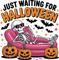 Just Waiting for Halloween – Funny Skeleton in Pink Pool Float with Pumpkins and Bats Vector Illustration