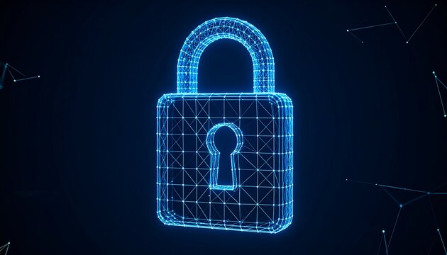 A glowing wireframe padlock on a dark background
