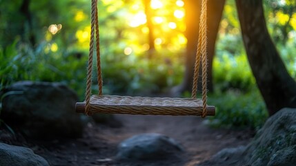 Wooden swing in a sunlit forest path