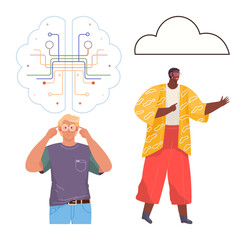 Two people interacting beneath a neural network graphic connected to a cloud, symbolizing creativity, technology, collaboration, and data sharing. Ideal for teamwork, digital transformation