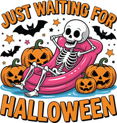 Just Waiting for Halloween – Funny Skeleton in Pink Pool Float with Pumpkins and Bats Vector Illustration