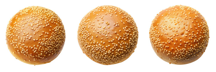 Three Sesame Seed Buns, Isolated on Transparent Background, Food Photography, Bakery Product, Sesame bun, bread, food photography