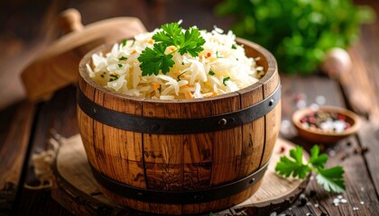 A rustic wooden barrel filled with fresh sauerkraut and garnished with parsley, on a dark wooden table