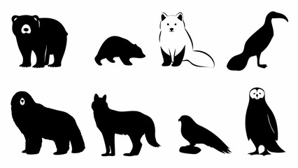 Vector silhouette illustration featuring a bear, badger, fox, ibis, dog, wolf, hawk, and owl in black and white