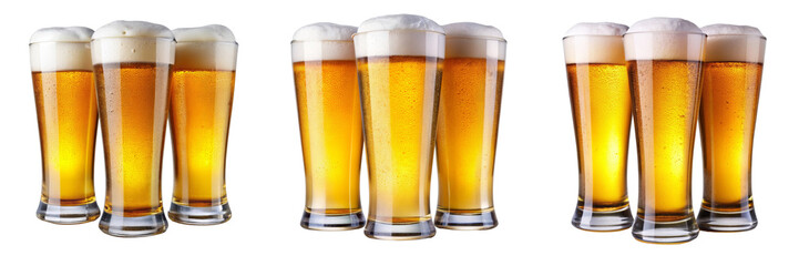 Three Sets of Beer Glasses, Isolated on Transparent Background, Gold Beer, Frothy Head, Pint Glass, Beer, Beverage, Alcohol
