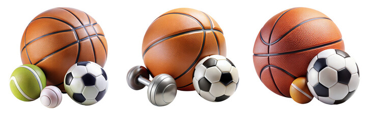 Triple Basketball and Sports Balls Composition Isolated on Transparent Background, Sports Equipment, Fitness, 3D Render, Balls, Sports, Fitness