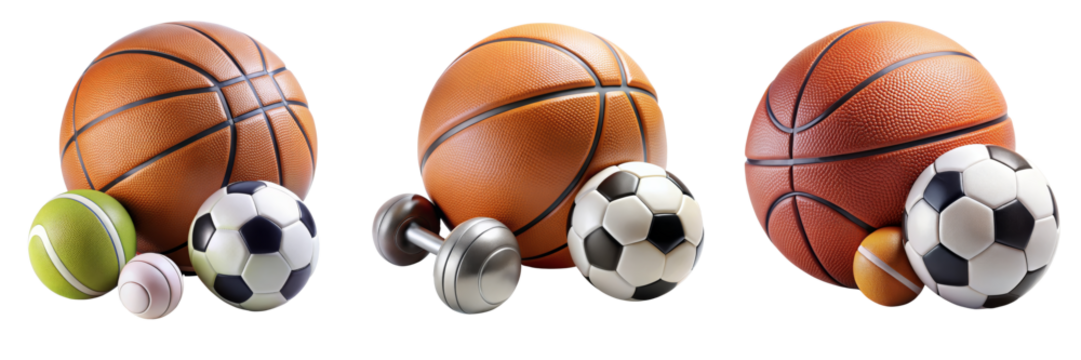 Triple Basketball and Sports Balls Composition Isolated on Transparent Background, Sports Equipment, Fitness, 3D Render, Balls, Sports, Fitness