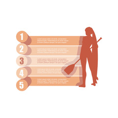 Woman posing with surfboard and paddle. Five features or option of project to select. Minimal infographic illustration for sport and leisure information visualization. Stand up paddle boarding design