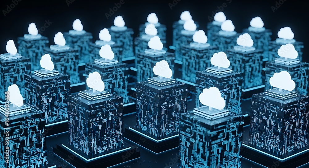 Poster cloud computing technology with glowing cubes representing data storage network
