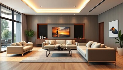 Fototapeta premium Modern minimalist living room, sleek sofa, stylish home decor, design, beige
