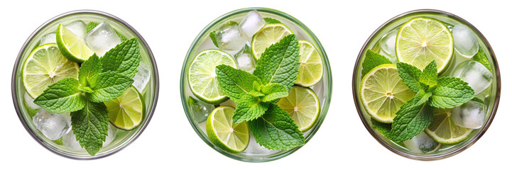 Triple Mojito Composition Lime, Mint, Ice, Isolated on Transparent Background, lime, mint, mojito