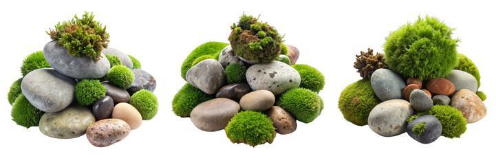 Triple Moss Rock Garden Composition, Isolated on Transparent Background, Nature, Zen, Decor, stones, moss, plants