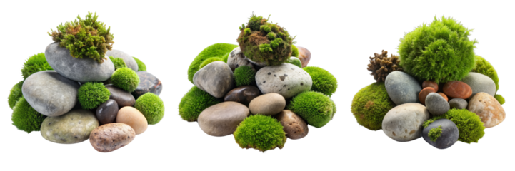 Triple Moss Rock Garden Composition, Isolated on Transparent Background, Nature, Zen, Decor, stones, moss, plants