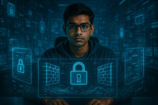 Young South Asian man with glasses sits in front of a digital interface displaying security icons and data streams. The scene emphasizes cybersecurity and technology. - Powered by Adobe
